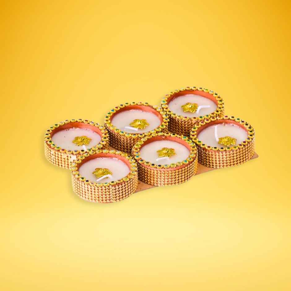 Golden Lace Katori Wax Diya | Designer Wax Diya | Pack Of 6 | Clay | DiaCraft