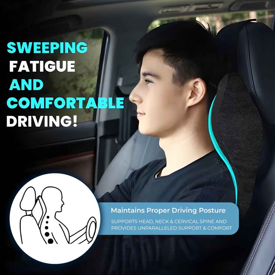 Trajectory Back Support For Chair & Car Seat, Orthopedic Lumbar Support Memory Cushion (1pc) & Trajectory Car Headrest Pillow In Memory Foam For Orthopedic | Neck Pain Pillow (1pc) Combo