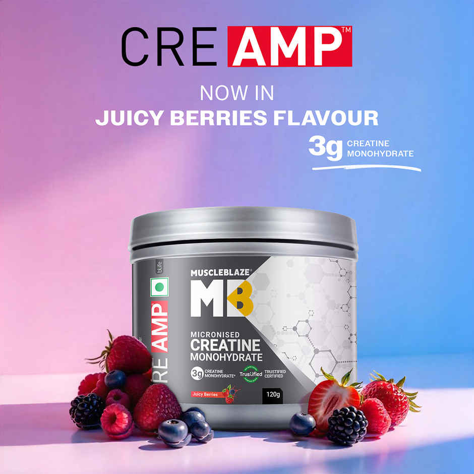 MuscleBlaze Micronised Creatine Monohydrate CreAMP Powder Juicy Berries | 30 Servings
