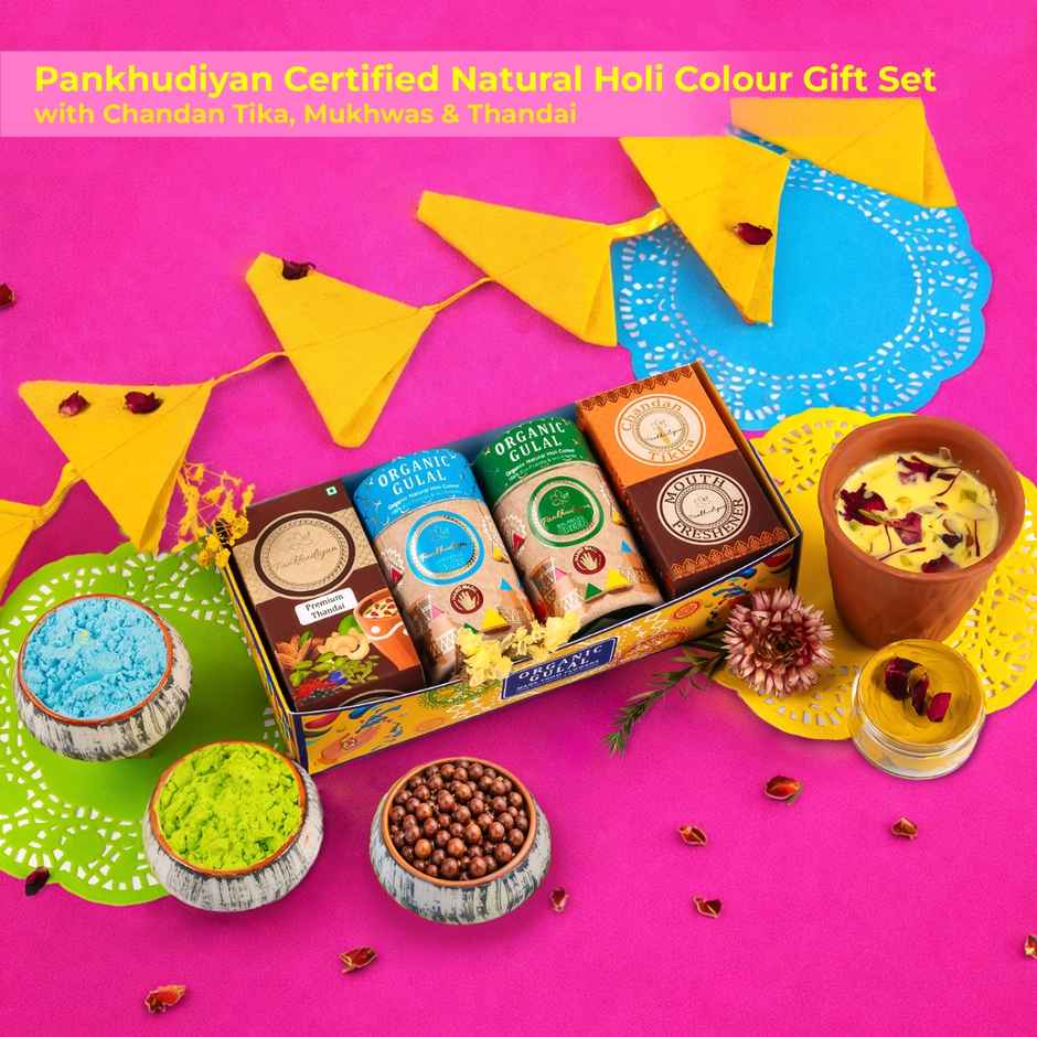 Premium Certified Natural Holi Colour Gift Set with Chandan Tika, Mukhwas & Thandai | Pankhudiyan