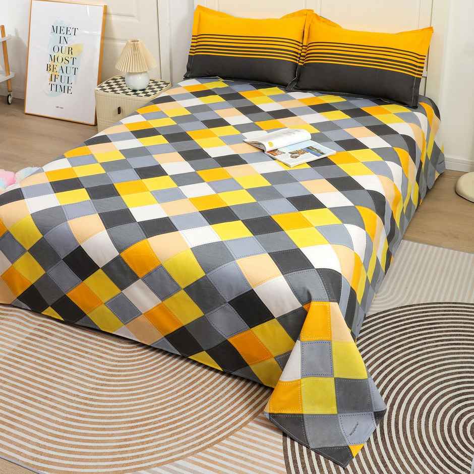 Story@home Double 144 TC Cotton Flat Geometric Bedsheet | Grey | 98 x 89 in