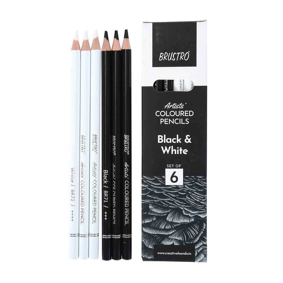 Brustro Artists Coloured Pencils Black & White Set Of 6 | 3 Whites And 3 Blacks