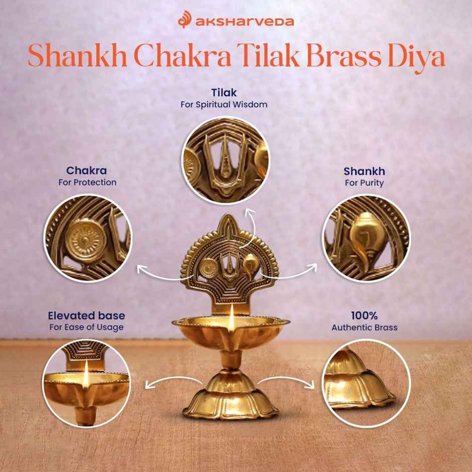 Shankh Chakra Tilak Brass Diya | Religious | Diya-Pooja | Aksharveda