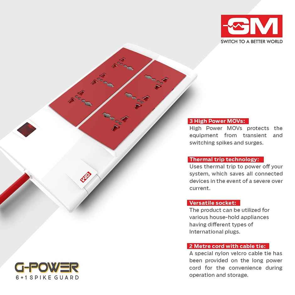 GM 3059 G-Power 6+1 Spike Adaptor with Master Switch, Indicator, Safety Shutter, International Sockets & Surge Protector (2m Cable)