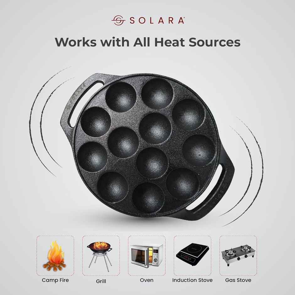 Solara Pre Seasoned Cast Iron Paniyaram Pan With 12 Cavities (8 Inch, 20 Cm)