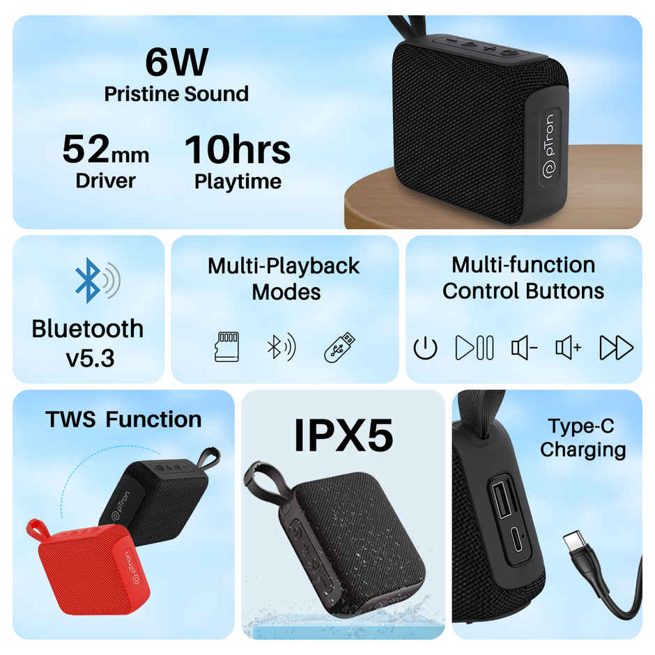 pTron Funk Wow 6W Ultra Portable Bluetooth Speaker with Pristine Sound, IPX5 Water-Resistance, 10hrs Playtime, Multi-Playback Modes, True Wireless Feature, Lightweight & Type C Charging - Black