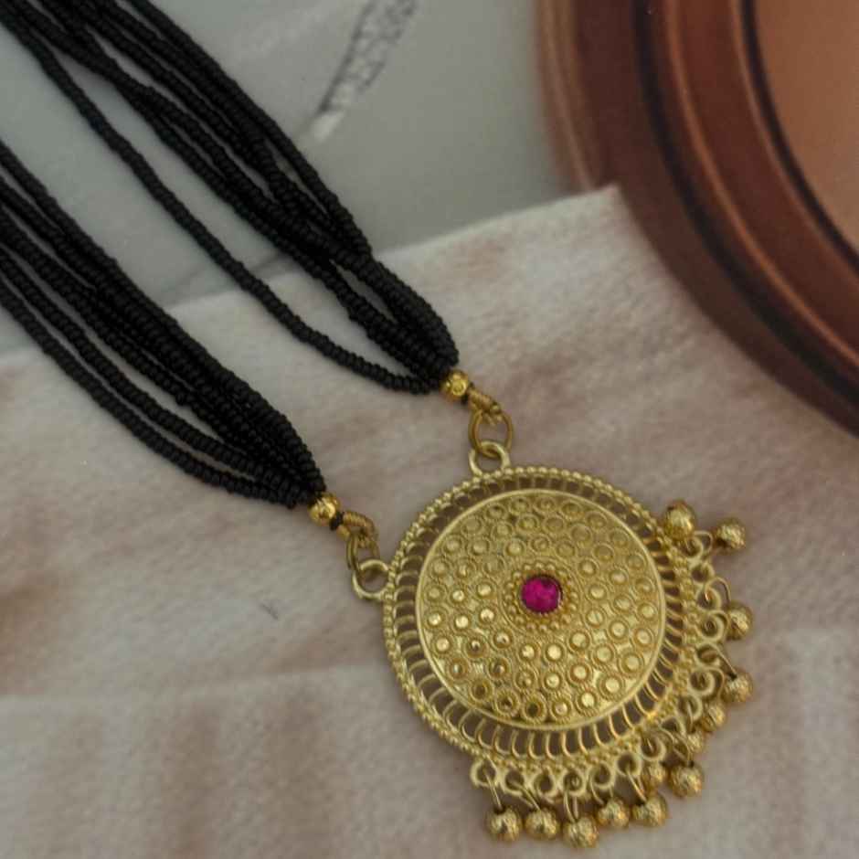 The Opal Factory Mangalsutra Black Beads with Jhumki Earrings and Round Kundan Pendant | Gold