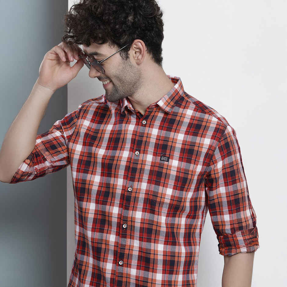 The Indian Garage Co Men's Slim Fit Checkered Casual Shirt | Red - M