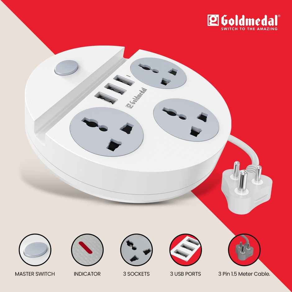 Gold Medal Zippo 1.5-Meter Extension Cord | 3 USB Charging Ports & Mobile Holder | Master Switch with Indicator | 3 Universal Sockets | Compatible with All Devices