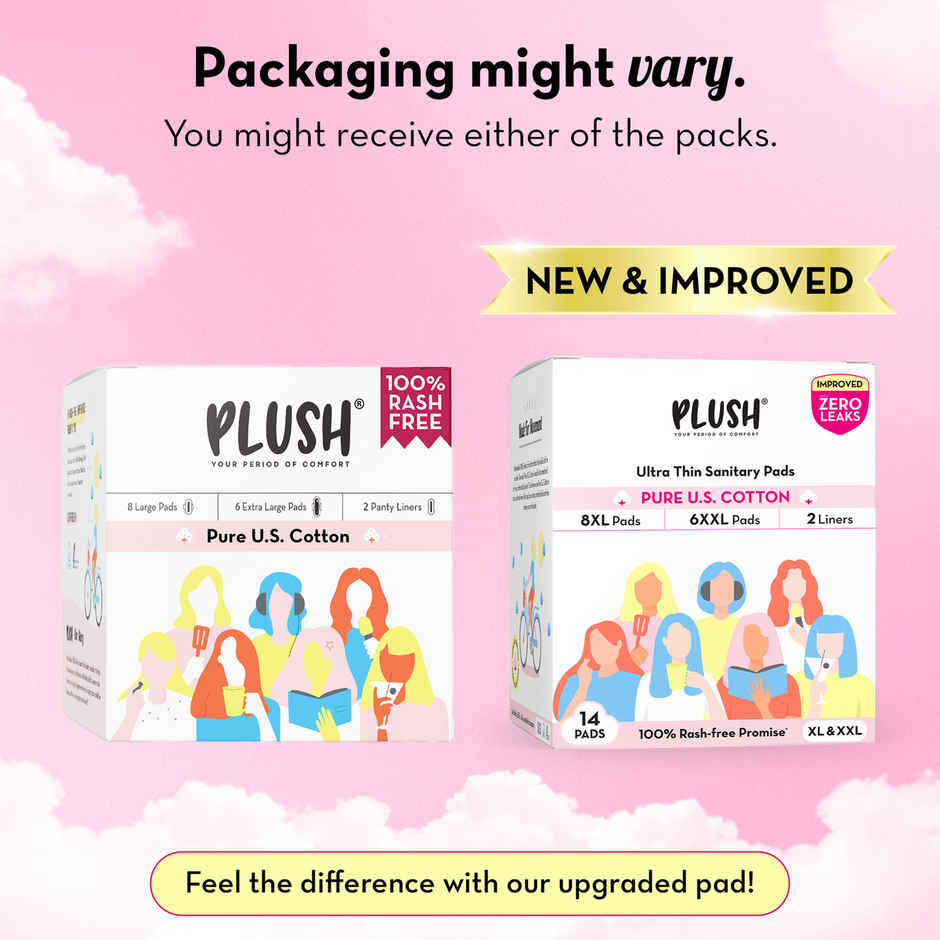 Plush Sanitary Pads Curated - (14pc) & Plush 100% Pure Us Cotton Panty Liners (20pc) Combo