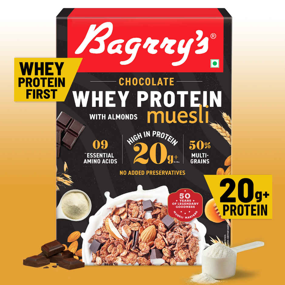 Bagrry's Whey Protein Chocolate Muesli with Almonds | 20g protein | Pure Whole Oats | 500gm carton