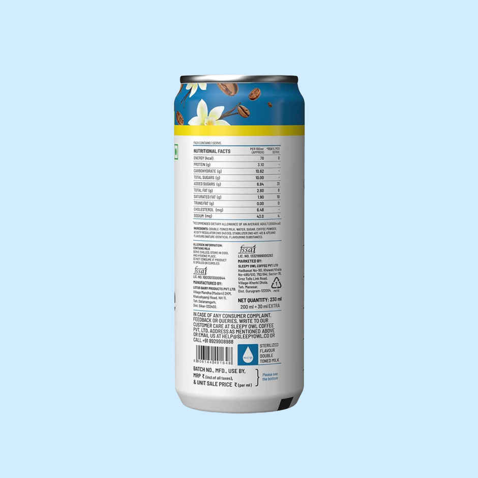 Sleepy Owl French Vanilla Cold Coffee Can | Ready to Drink Coffee Beverage