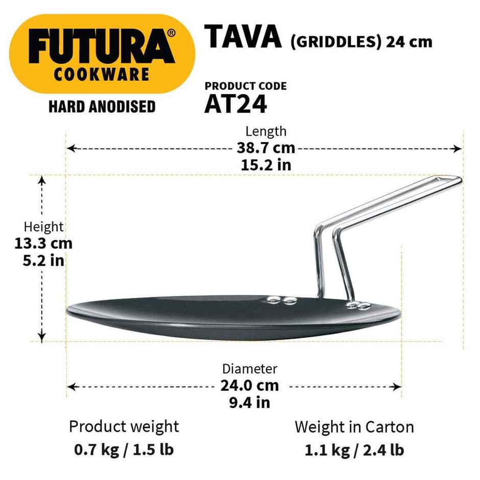 Hawkins Futura 24 Cm Tava, Hard Anodised Tawa With Stainless Steel Handle, Black (At24)
