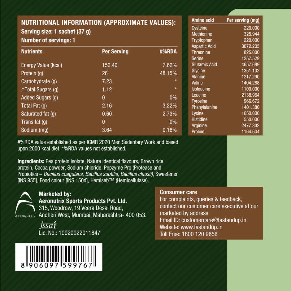 Fast&Up Plant Protein Rich Chocolate Single Serving Sachet | 26g Protein