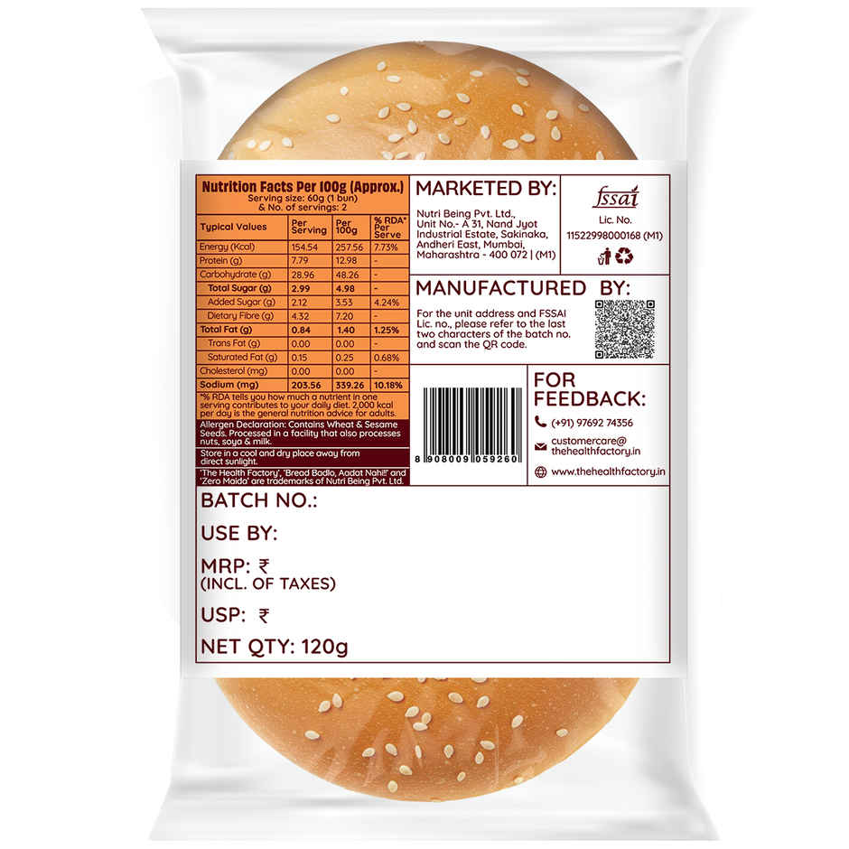 The Health Factory Zero Maida Burger Bun | Clean Label - Not Brown