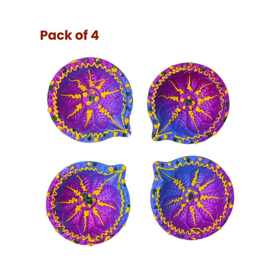 Designer Clay Diya | Pack Of 4 | Blue & Pink | Pan Aromas