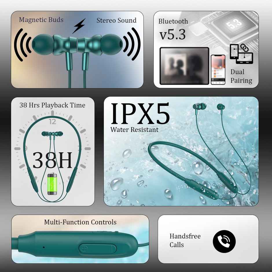 pTron Tangent Flex Wireless Neckband | HD Mic | 38H Playtime | Deep Bass & Dual Device Pairing - Green