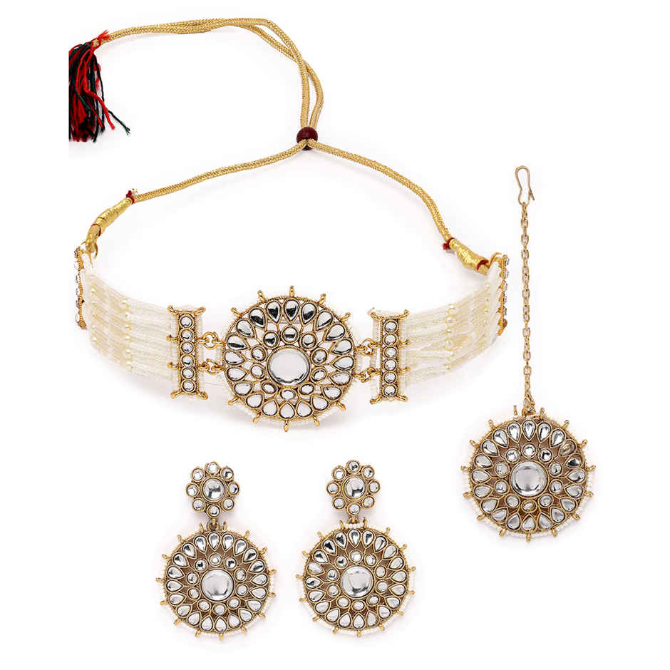 Sukkhi Desert-Inspired Gold Plated White Kundan & Beads Studded Collar Necklace Set