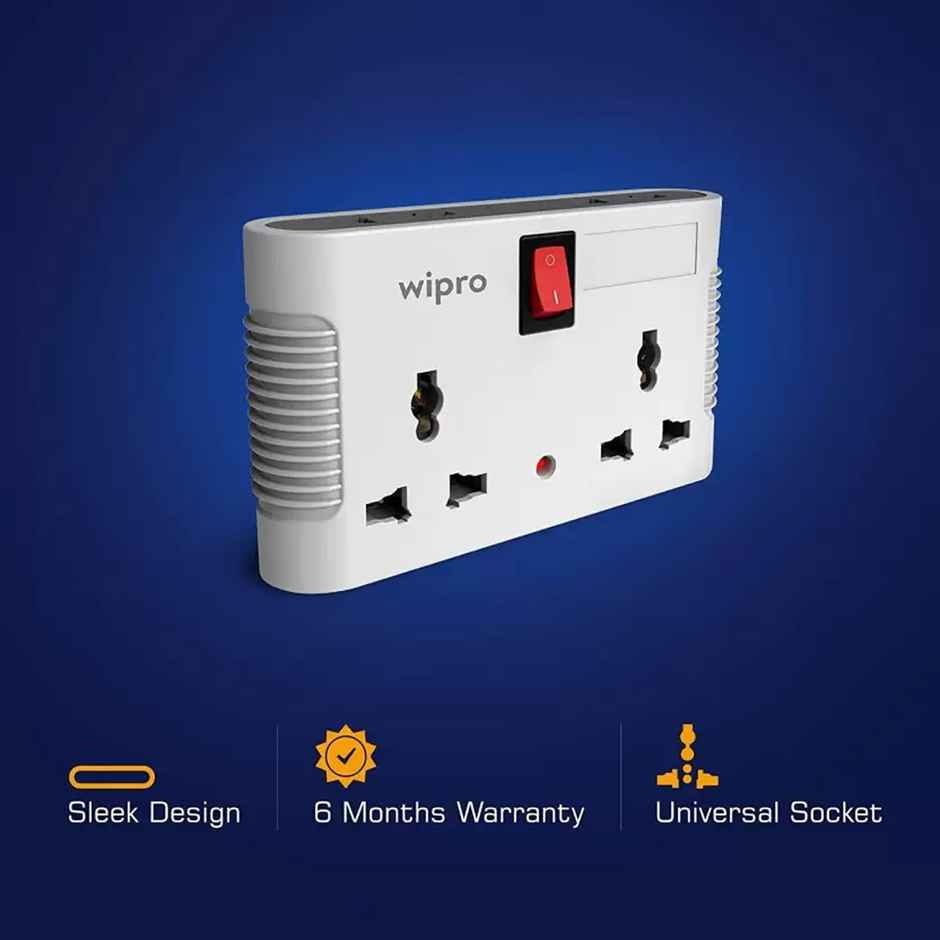 Wipro 4 Way Multiplug Adaptor with 2 Universal Sockets |Inbuilt Surge Protection & Power supply Indicator | Compact & Light weight | 6Amp Multiplug socket for Home, Office - White