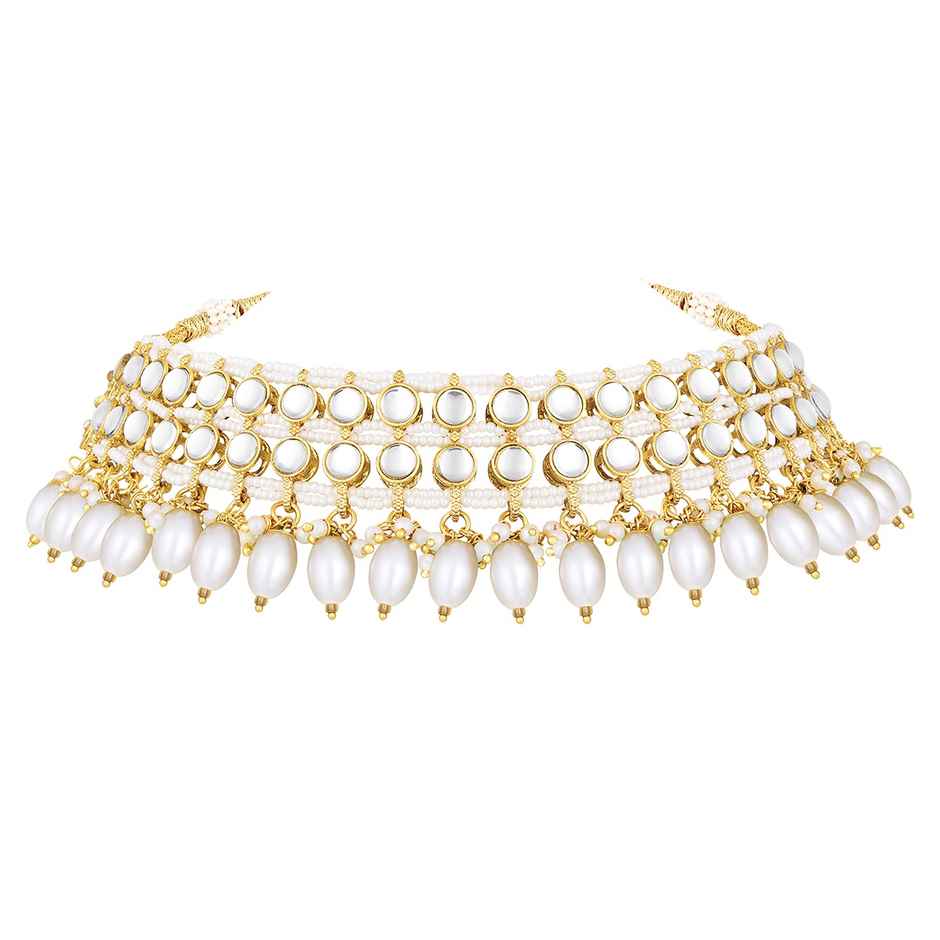 Peora Gold Plated White Kundan Choker Necklace with Jhumki Earrings & Maang Tikka Ethnic Jewelry