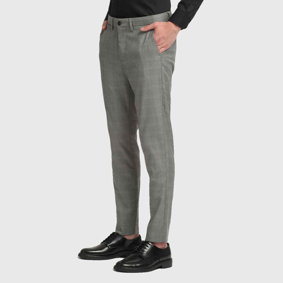 The Bear House Men Slim Fit Checked Polyester Blend Formal Trouser - Caneel | Grey | 30