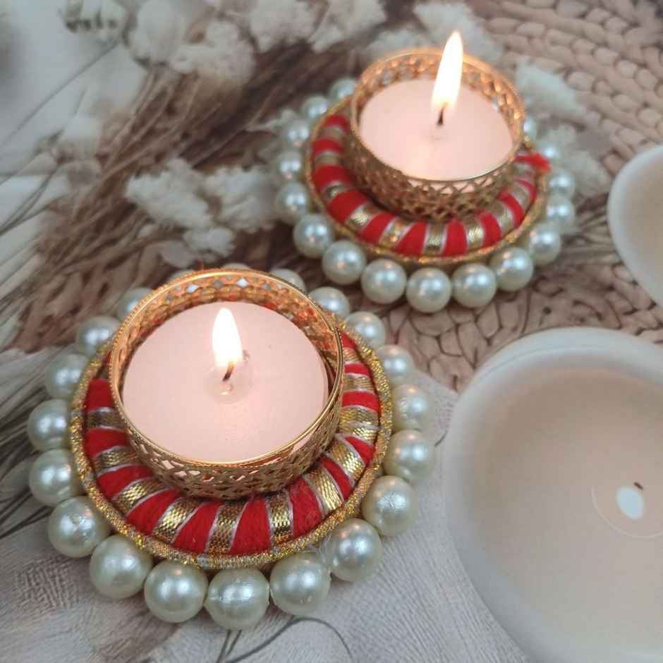 Gota And Pearls T-Light Holders | Pack Of 2 | Metal and Plastic | Assorted | Gullak