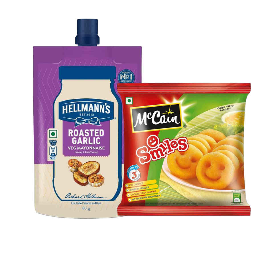 Hellmann'S Roasted Garlic Mayo (85g) & Mccain Smiles | Crispy Potato Snacks | No Added Preservatives (415g) Combo 