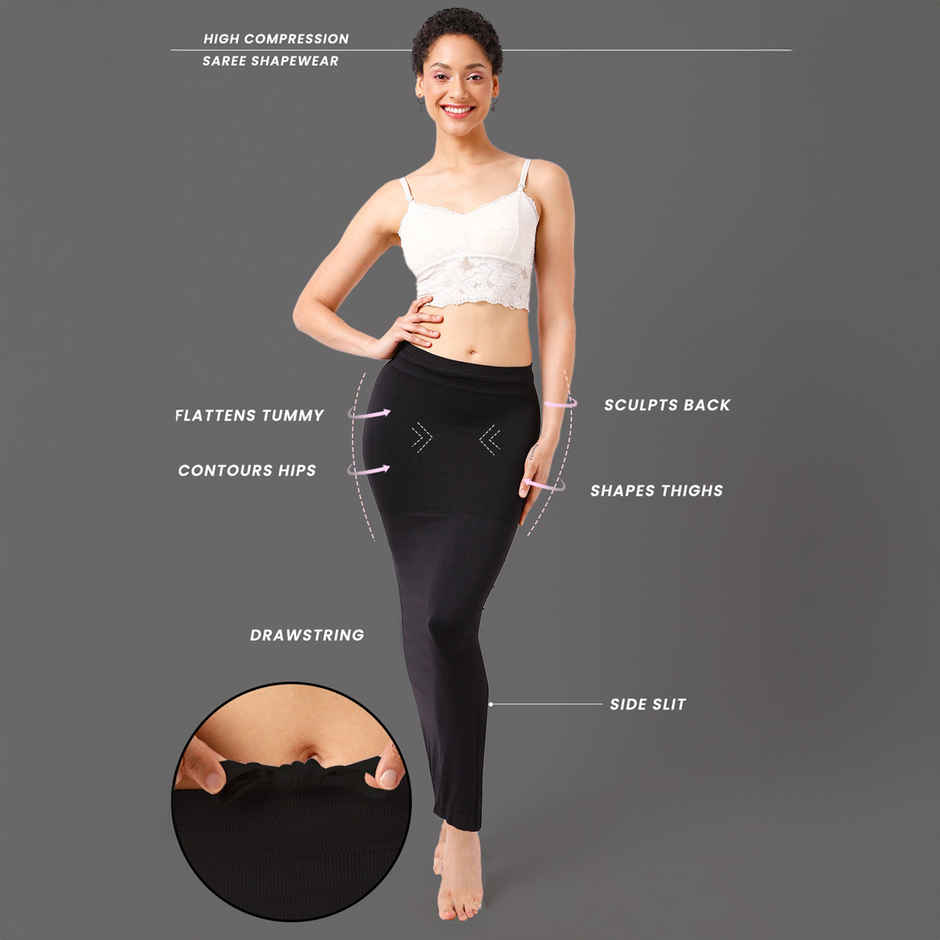 Clovia Saree Shapewear Petticoat With Drawstring | Black | XL