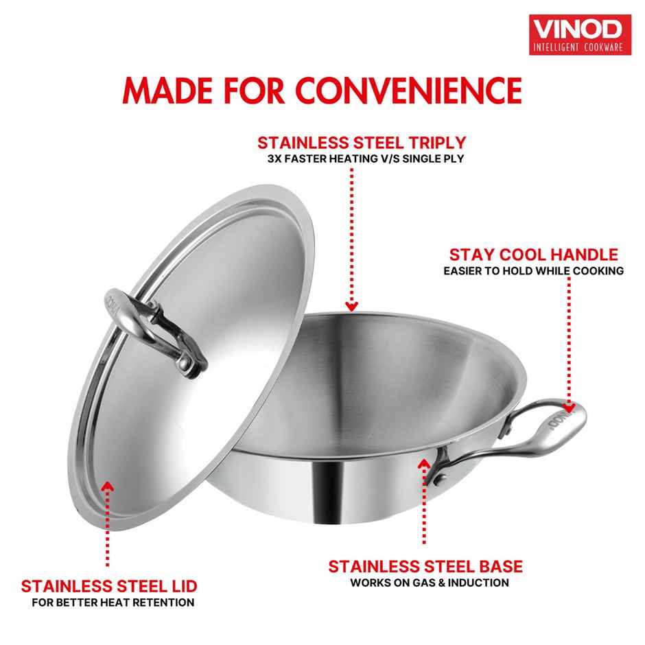 Vinod Platinum Triply Stainless Steel Kadai With Lid - 28 Cm, 3.7 L (Induction Friendly)