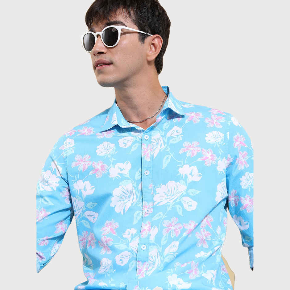 Ketch Men Floral Printed Spread Collar Cotton Slim Fit Casual Shirt | Blue | S