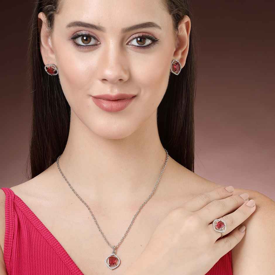 Zeneme Silver Plated AD Studded Marquise Halo Necklace and Earrings With Ring For Women & Girls