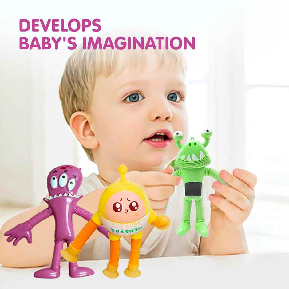 Kidology Telescopic Suction Cup Robotics Toy | Pop Tubes Sensory Kids Toys | Set Of 3 - Assorted Colour & Design