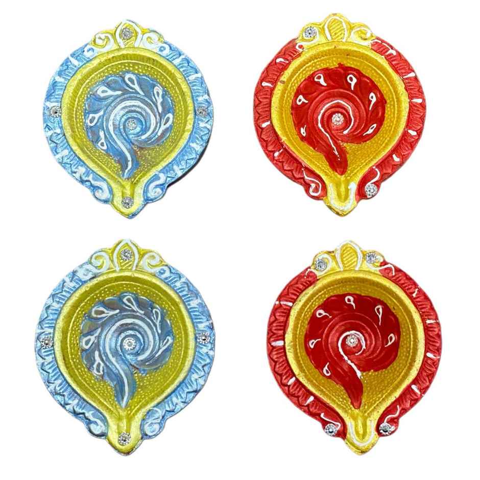 Multicolor Floral Diya | Pack OF 4 | Designer Clay Diya | DiaCraft