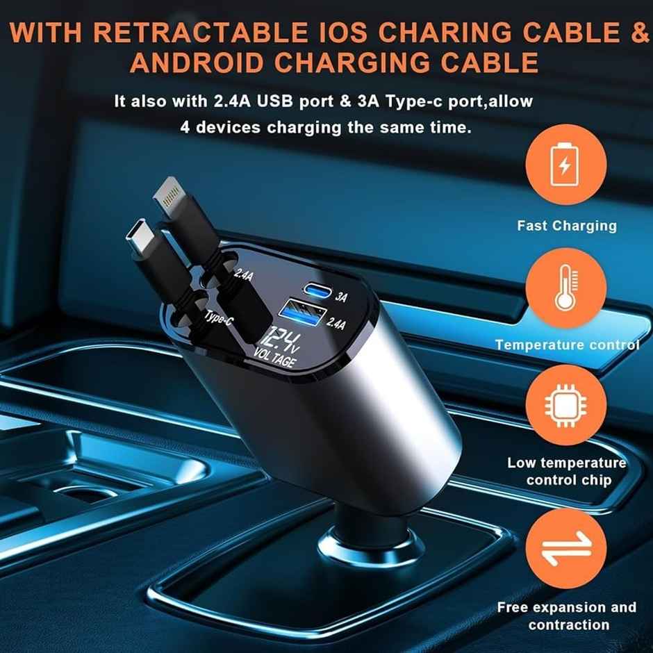 Hashwow 120W 4 in 1 Retractable Car Charger,Super Fast Charge Car Phone Charger,Retractable Cables & 2 USB Ports Car Adapter for Android Phones & iPhone 16/15/14/13/12/11 Pro Max,Xr,Ipad,Pixel
