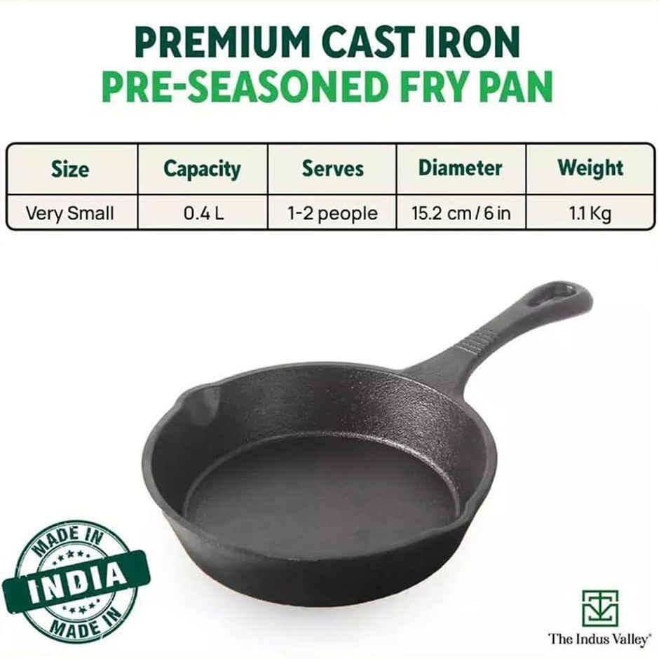 The Indus Valley Iron Fry Pan/Skillet With Long Handle|Very Small, 15.2Cm/6Inch, 0.42Ltr, 1.1Kg