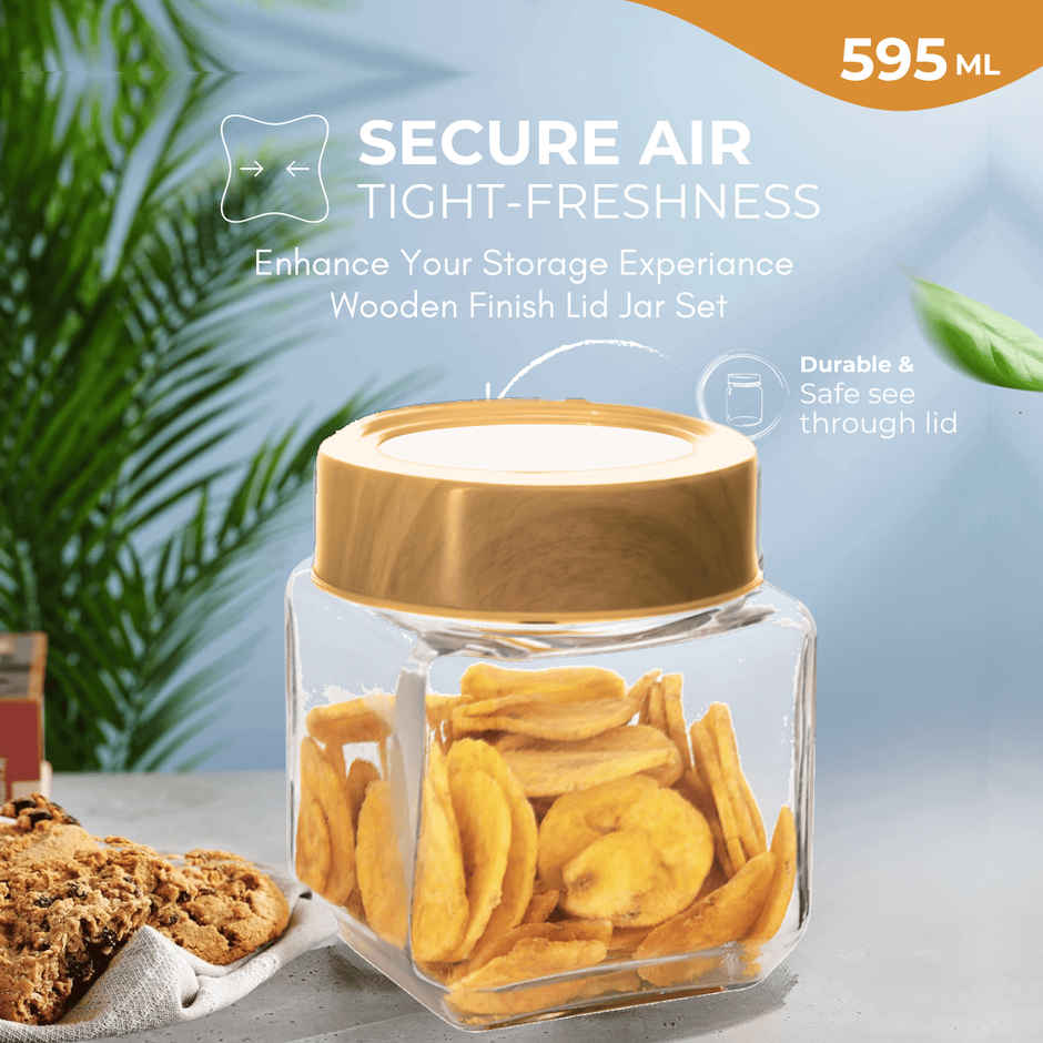 YERA GLASSWARE Premium Woody Airtight Storage Jar Set with Wooden See Through Lids - 595 ml
