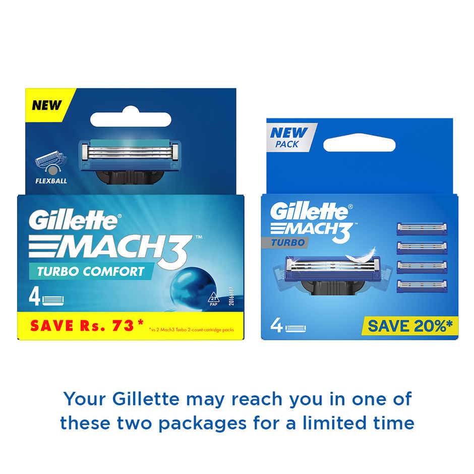 Gillette Mach3 Turbo 3-Bladed Cartridges with Comfort Gel Bar (Pack of 4)