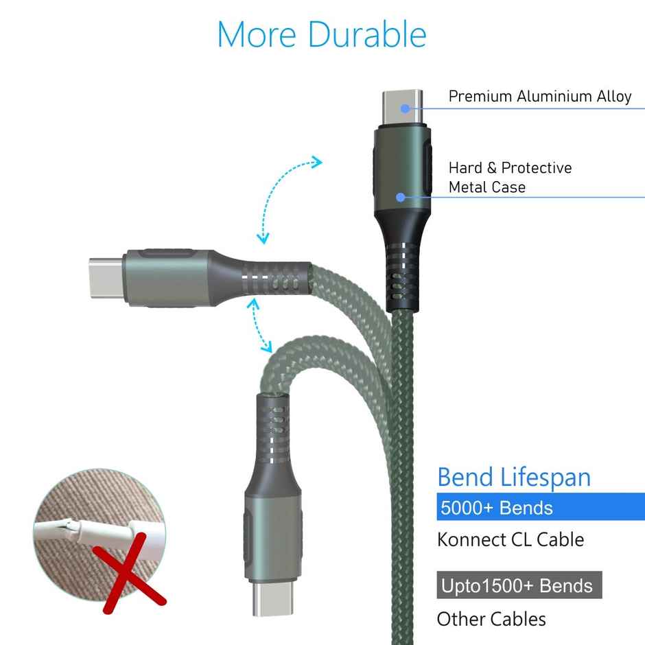 Portronics Konnect CL 20W POR-1067 Type-C to 8 Pin USB 1.2M Cable With Power Delivery & 3A Quick Charge Support, Nylon Braided For All Type-C and 8 Pin Devices - Green