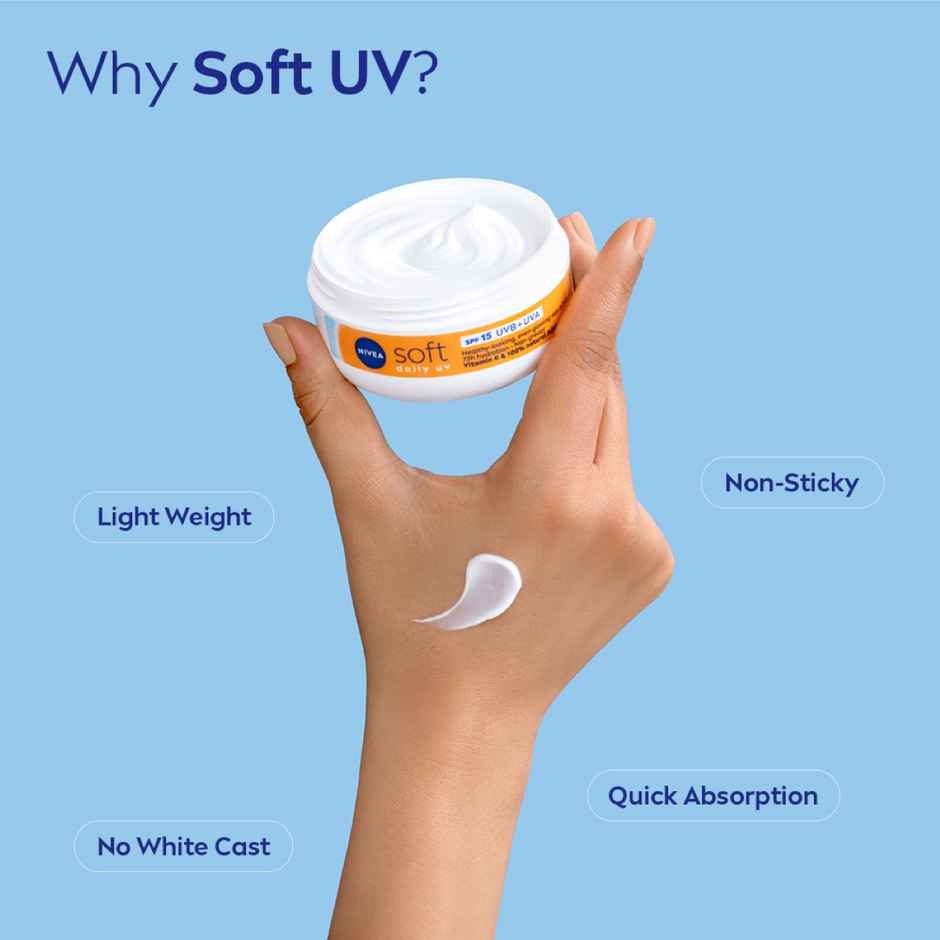 NIVEA Soft Daily UV Moisturizer with SPF 15 | 72 Hr Hydration | No White Cast Face Cream