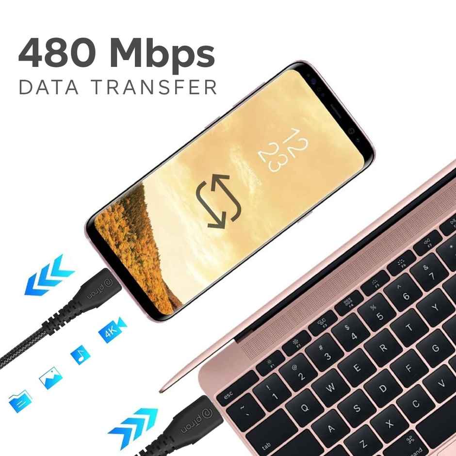 pTron Solero Braid 60W Type C Fast Charging Cable 1.5m For Samsung,OnePlus,Oppo,Vivo, Xiaomi - Black