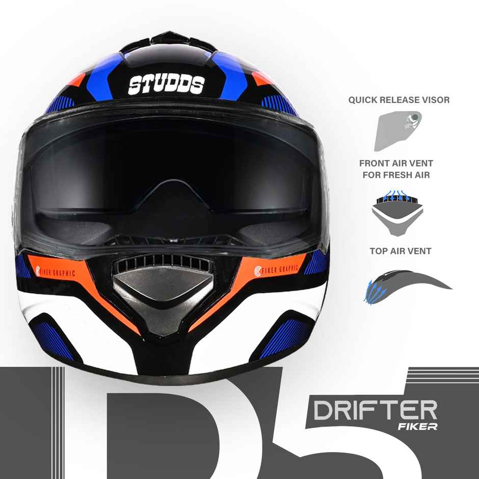 Studds Drifter Fiker ISI-DOT Certified Full Face Helmet | Dual Visor & Spoiler |Black N1 - L