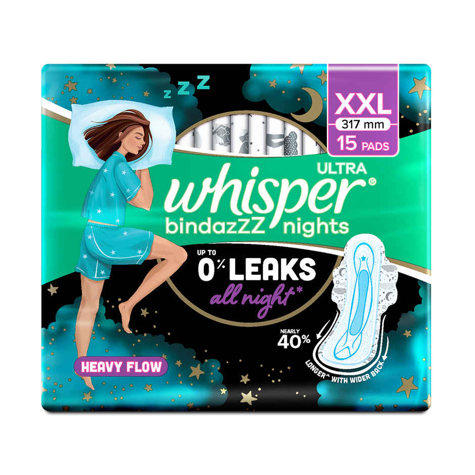 Whisper Bindazzz Nights XXL Sanitary Pads, Upto 0% Leaks All Night Long