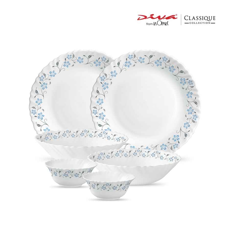 La Opala Diva Classique Dinner Set | Opal Glass Crockery for Dining | 6 Pcs - Grace Blue