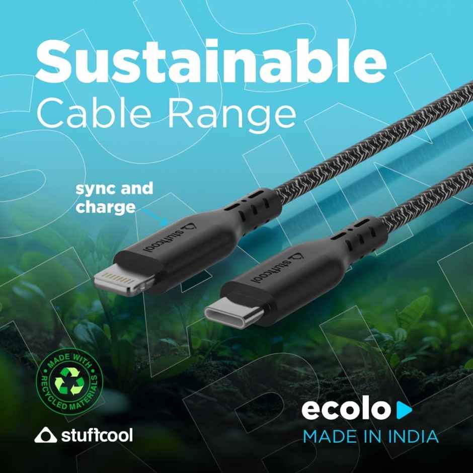 Stuffcool ecolo Type C to lightning Sync & Charge Cable GRS Certified Recycled Plastic compatible with iPhone 11/12/13/14 fast charging, charges iPhone 50% in 30 mins - Black