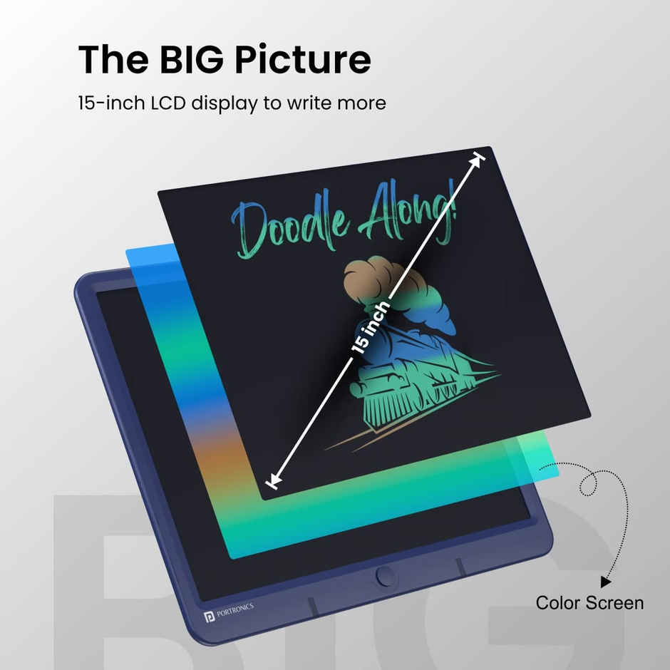 Portronics Ruffpad 15M 15Inch (38.1cm) Re-Writable Multicolor LCD Writing Pad with Smart Lock,India's first notepad to save and share your child's first creatives via Ruffpad app on your Smartphone - Blue