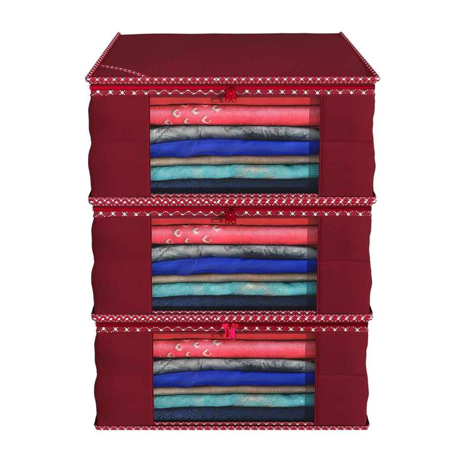 Kuber Industries 3 Pieces Non Woven Fabric Saree Cover with Transparent Window | Extra Large|Maroon