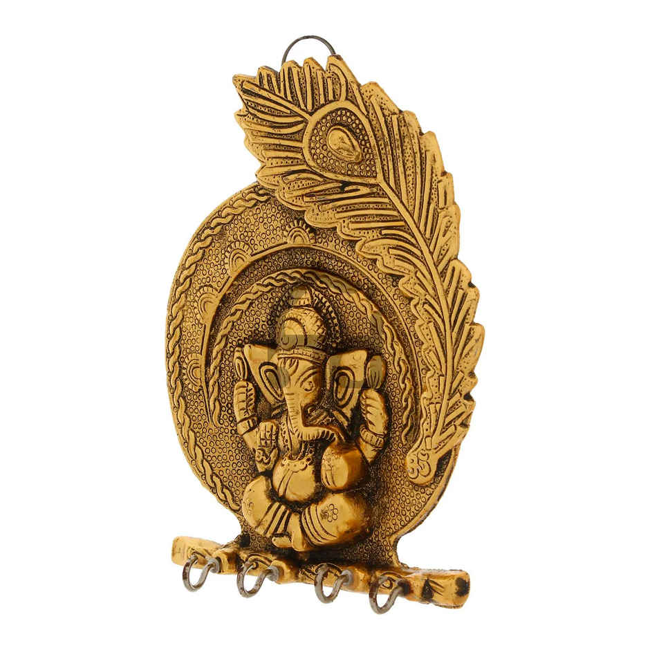 eCraftIndia Golden Metal Lord Ganesha And Peacock Feather Designer Key Holder With 4 Hooks For Wall