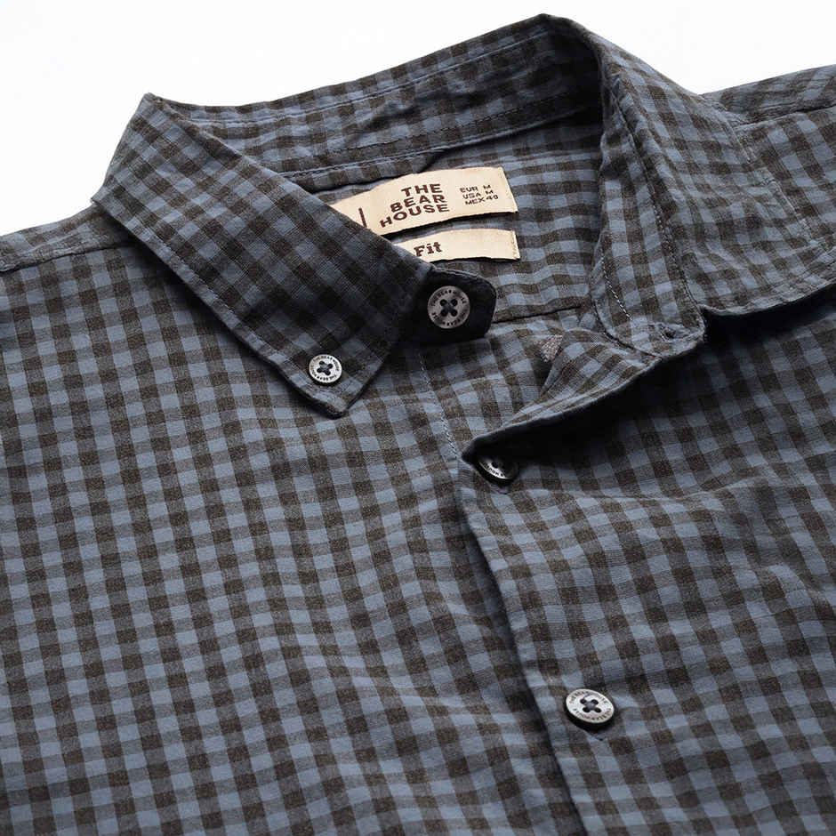 The Bear House Men Slim Fit Checked Button-Down Casual Shirt - Garo | Teal Blue | M
