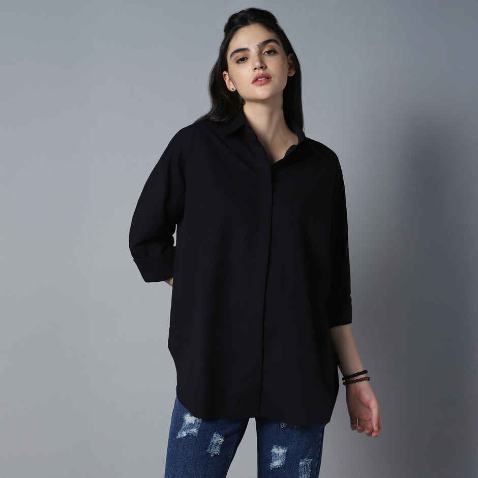 High Star Women's Oversized Spread Collar Long Sleeve Cotton Longline Casual Shirt | Black - XL