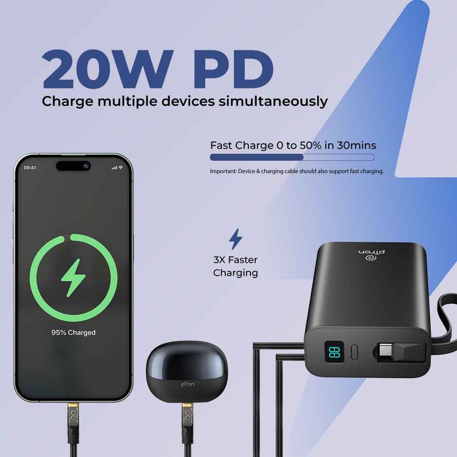 pTron Dynamo Uliterima 20000 mAh Nano Power Bank With 22.5W Superfast Charging | Type-C/Pd - Black